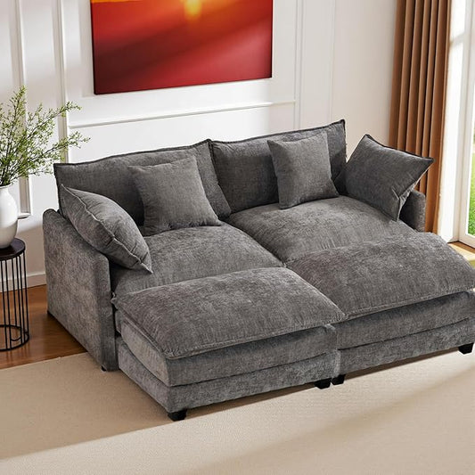 77" Cloud Chenille Sectional Sofa with 2 Ottoman｜Modular Couch with 29.1" Deep Seat｜FSC Solid Wood Frame｜Easy Assembly & 1YR Guarantee｜for Apartment Living Room (Grey, 77 Inch（U）)