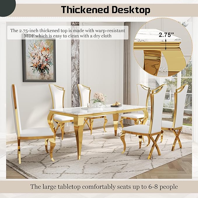 7-Piece Dining Table Set for 6, Modern Dining Room Set with 70'' Marble Dinner Table and 6 High-Back Upholstered Chairs, Stainless Steel Legs Table & Chair Set for Kitchen, White & Gold