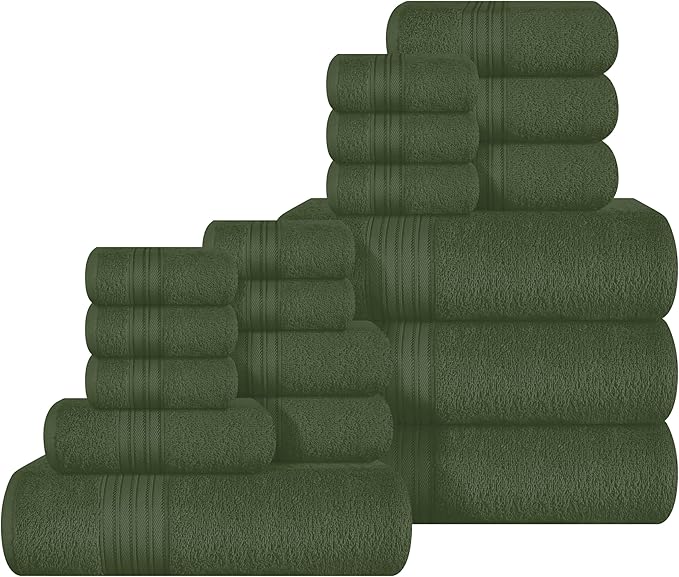 BOUTIQUO 100% Cotton Towel Set, Contains 4 Soft Bath Towel, 6 Hand Towels, 8 Wash Cloths - Compact Absorbent Lightweight & Quickdry Towels for Bathroom - 18 Piece Bathroom Towel Set - Olive Green