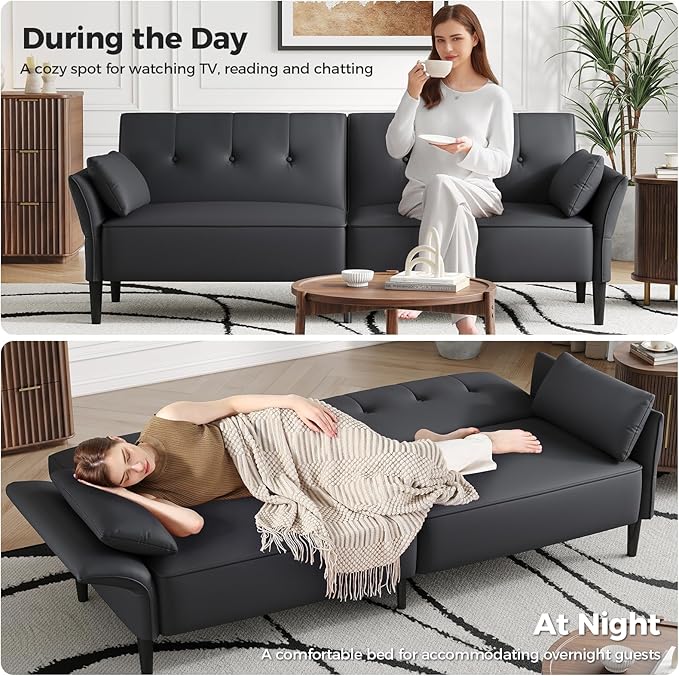 89” Futon Sofa Bed,Futon Couch Bed with 2 Square Pillows,Convertible Sleeper Sofa with Adjustable Backrest& Armrests, Modern Loveseat Sleeper for Living Room, Bedroom,Faux Leather Dark Gray