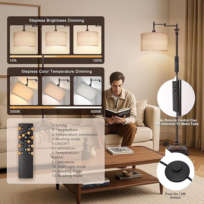 Scenekoy Vintage 68″ Tall Smart LED Floor Lamp for Living Room Bedroom, Remote Control Traditional 350º Adjustable Swing Arm Standing Lamp with Linen Shade, Decor for Reading House Home Office