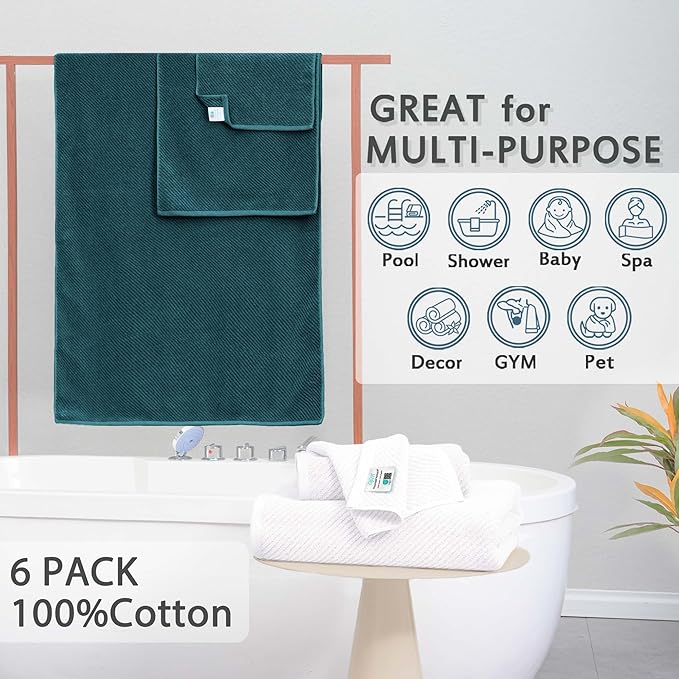 Towels for Bathroom - 100% Cotton | Quick Dry | Lightweight | Thick | Soft, 6 Piece Towel Set, 2 Large Bath 30"x56", 2 Hand 18"x28", 2 Wash Cloths 13"x13", Bathroom Decor Set, Deep Turquoise and White