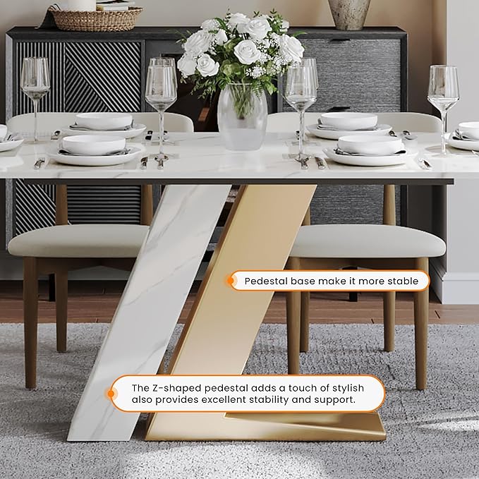 POVISON 63" Modern Dining Table for 4, Gold Dining Table Sintered Stone Dining Tabletop with Z-Shaped Stainless Steel Pedestal, Rectangle Dining Room Table (Table Only)