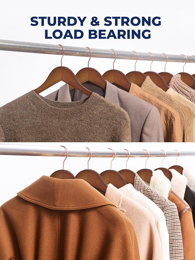 Smartor Wooden Hangers 20 Pack, Solid Wood Coat Hanger for Closet, Heavy Duty Wood Hangers for Suits, Shirts, Dresses, with 360° Rose Gold Hook, Non Slip Pant Bar, Walnut