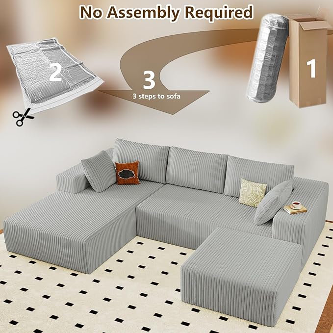 96" U-Shape Cloud Couch, Modern Modular Sectional L-Shape Sofa with Ottoman, Corduroy Upholstered Couches Deep Seat Chaise Longue for Living Room, No Assembly Required(Light Gray, Left Facing)