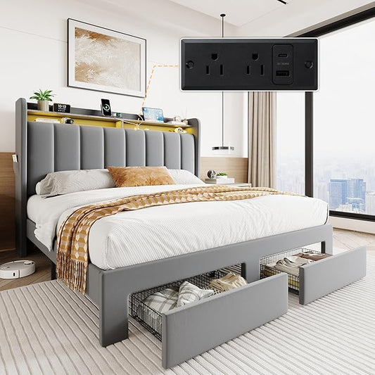 SHA CERLIN Velvet Full Size Bed Frame with Vertical Channel Tufted Wingback Headboard & 2 Storage Drawers/2-Tier Shelves with LED Lights & Charging Station/Noise-Free/No Box Spring Needed/Light Grey