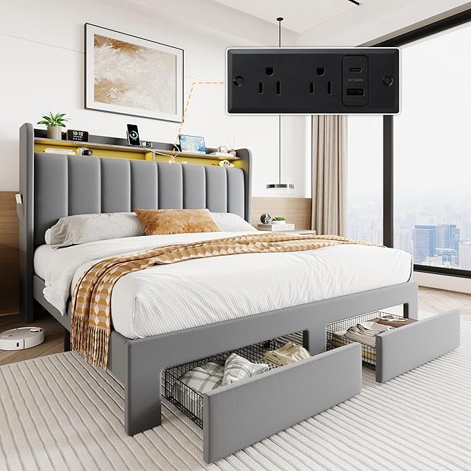 SHA CERLIN Velvet Queen Bed Frame with Vertical Channel Tufted Wingback Headboard & 2 Storage Drawers/2-Tier Shelves with LED Lights & Charging Station/Noise-Free/No Box Spring Needed/Light Grey