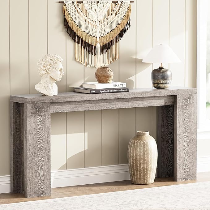 70.9 Inch Extra Long Console Table, Farmhouse Entryway Table with Thickened Base, Wood Sofa Table Behind Couch Table, Narrow Entry Way Accent Table for Living Room, Hallway, Entrance, Foyer, Grey