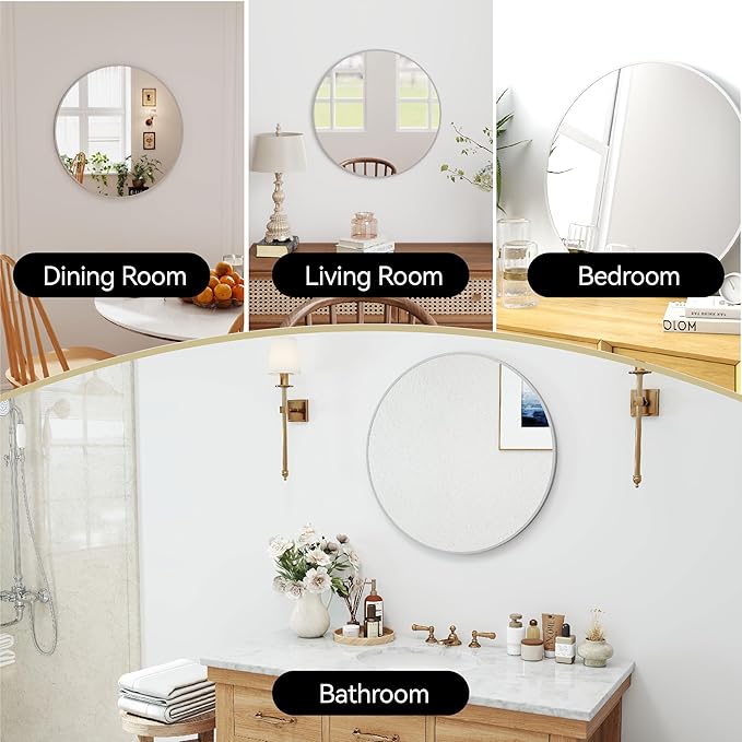 24" Round Mirror Circle Wall Mounted Hanging or Against Wall Aluminum Alloy Metal Frame Dressing Make-up Mirrors for Entryway Bedroom Bathroom Living Room 24 inch Silver