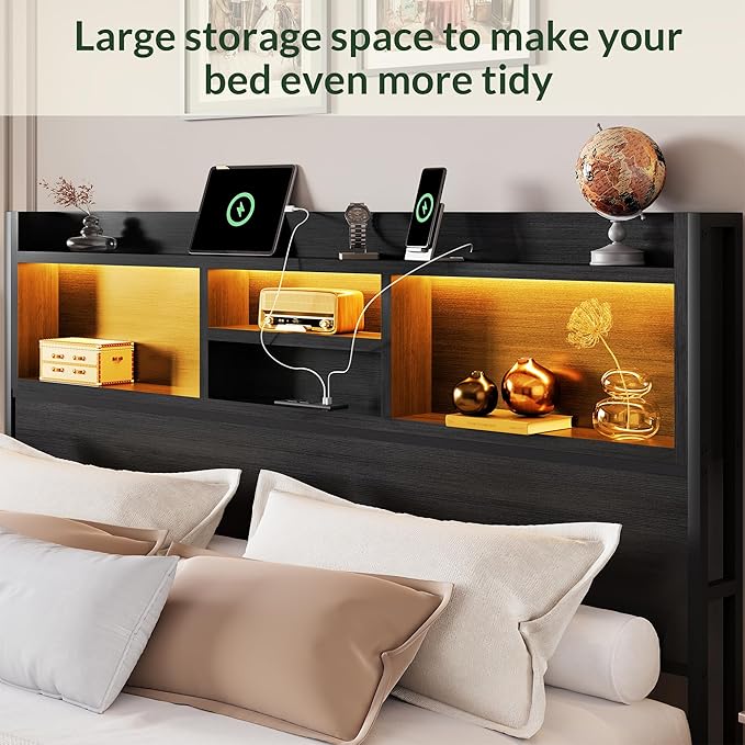 LARMACE Queen Size Bed Frame with 6 Storage Drawers and Headboard Wooden Platform Bed Frame with LED Lights and Charging Station Easy Assembly/No Box Spring Needed/Black