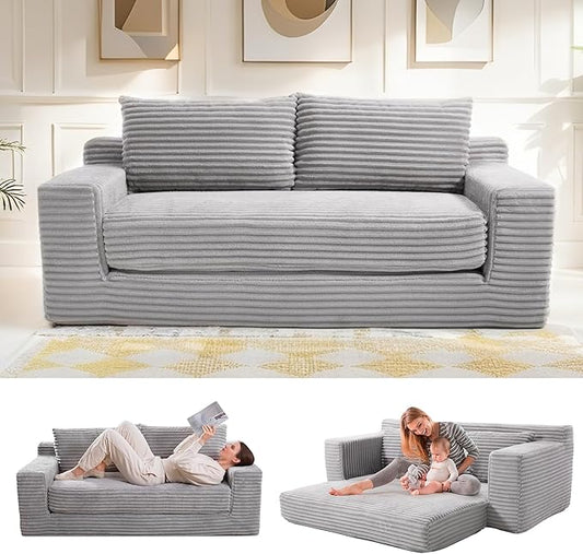 Fefances Loveseat Sofa Bed Boneless Couch, Convertible 2-in-1 Design, Corduroy Fabric - Compact Memory Foam Couch for Small Spaces, Apartments, Home Office & Bedroom （Grey）