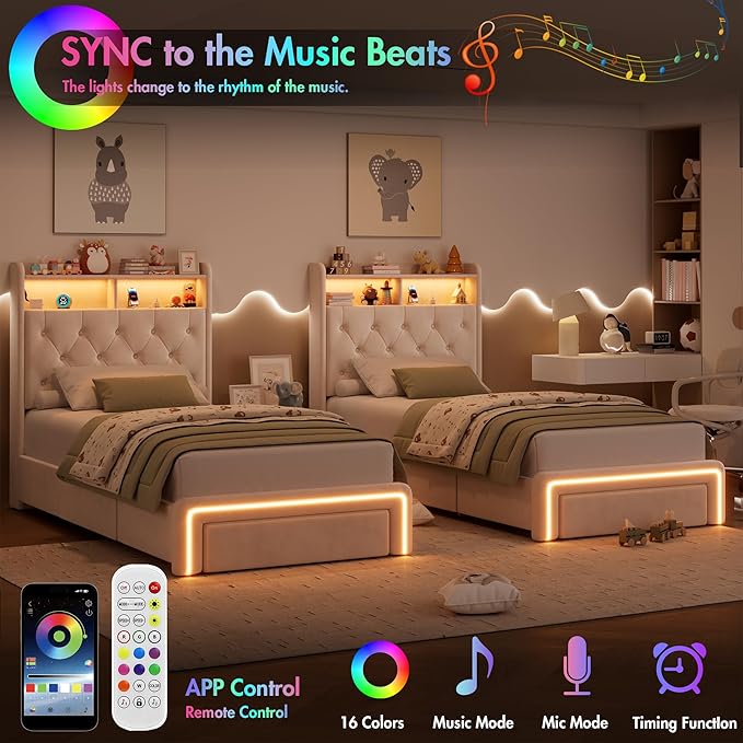 Twin LED Bed Frame with Storage Headboard & Charging Station, Velvet Fabric Platform Bed Frames with 3 Drawers, Button Tufted Upholstered, No Box Spring Needed, Beige