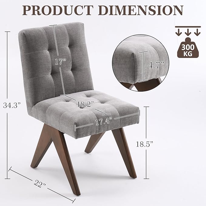 Rowill Modern Upholstered Dining Chairs Parsons Chair Linen Fabric Kitchen Chairs Tufted Armless Dining Room Chairs with Wood Legs Set of 2, Light Grey