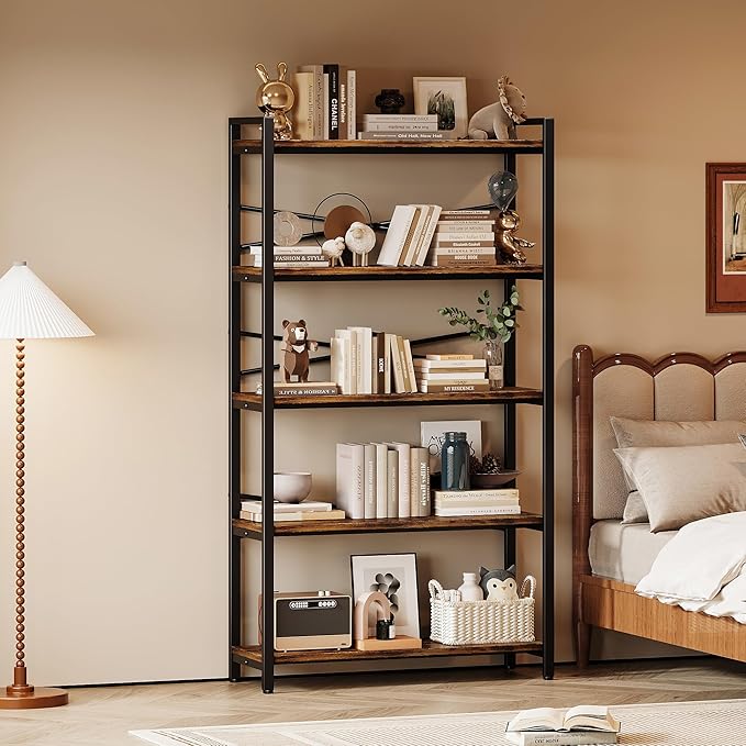 5 Tier Bookshelf 31.49" Width, Book Organizers and Storage, Wood and Metal Tall Bookcase, Rustic Book Shelf Organization and Storage for Home Living Room Bedroom Office Storage(Rustic Brown)