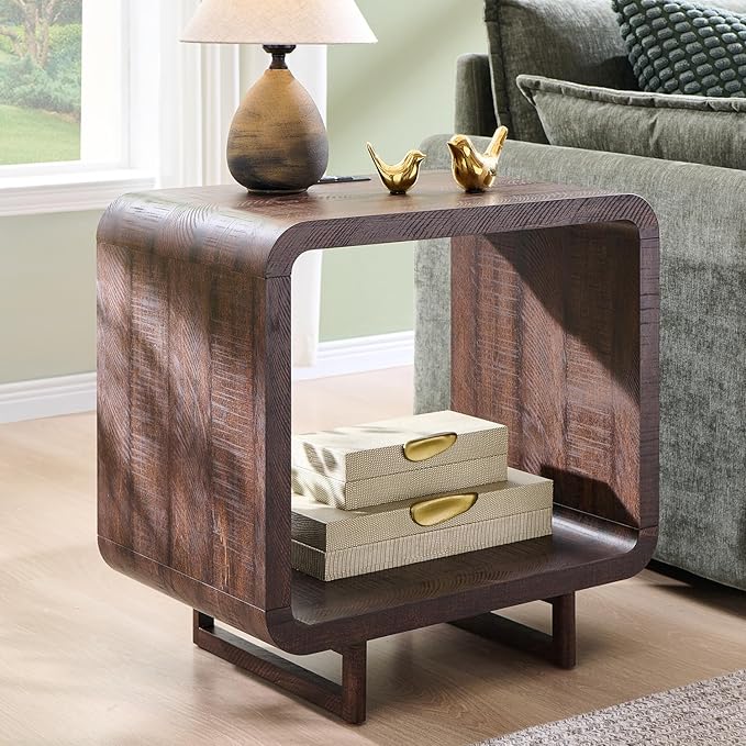 23.6" Modern End Table, 2 Tier Side Table with Charging Station, Simple Bedside Table with Open Storage Shelf, Outlet, Wooden Nightstand for Bedroom, Living Room, Study, Easy Assembly, Brown