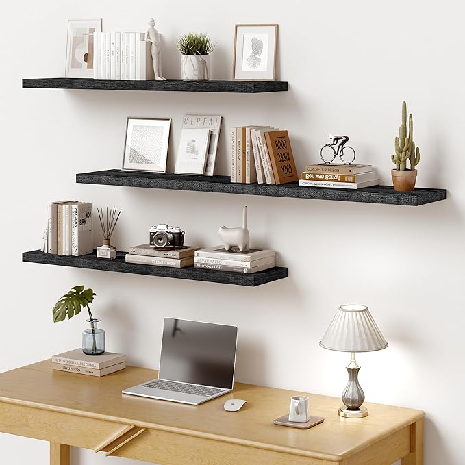 Vivelove 36 Inches Floating Shelves Wall Mounted, 10" Deep Wall Shelves for Bedroom, Bathroom, Living Room, Kitchen, Office, Home Decor, Modern Shelf, Set of 2, Black, 36x10.2x1.5