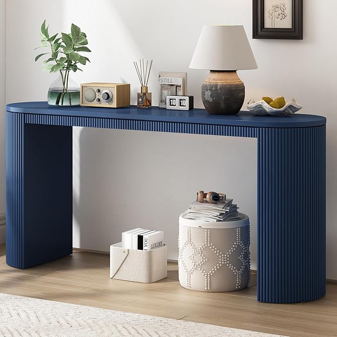 Modern Curved Console Table 59.2-Inch Fluted Entryway Sofa Table for Living Room Entrance Hallway Furniture, Navy