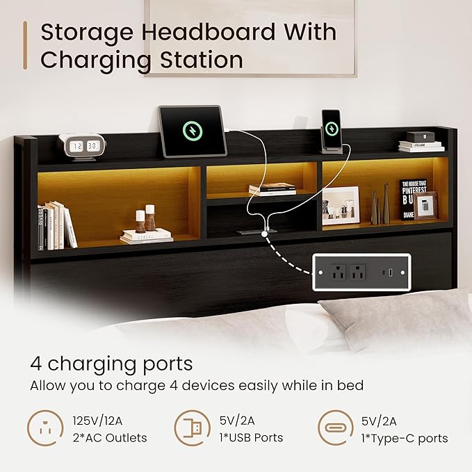 Queen Storage Bed Frame with 6 Drawers, USB Charging Station, No Noise, No Box Spring Required, Vintage Black Headboard Platform Bed