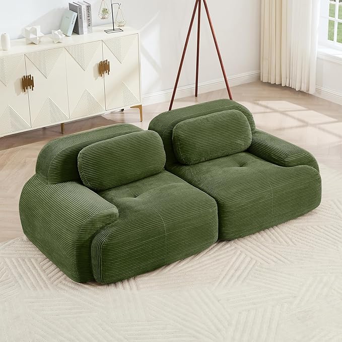 80" Modern Compressed Boneless Love Seat Couches, 2 Seater Large Sectional Couches for Living Room, Green Corduroy Cloud Modular Sectional Sofa, Memory Foam, Extra Deep Loveseat, No Assembly