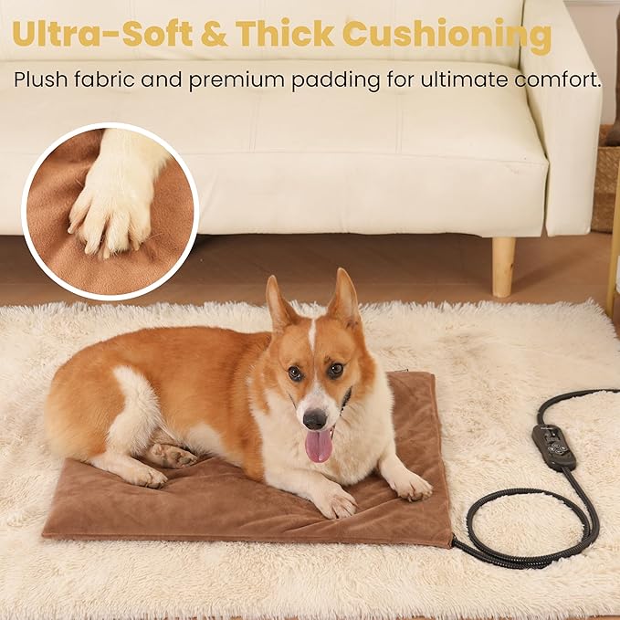 Upgraded Pet Heating Pad, 5 Adjustable Temperature & Timer, Electric Heated Dog Cat Bed for Winter, Auto Power-Off, Waterproof Chew-Resistant (L:26'' x 20'')