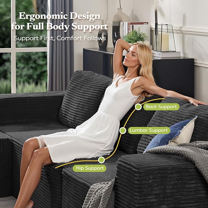 106" 3-Seater Sofa, Cloud Modular Sofa with Certified Foam, Upholstered Floor Sofa with Deep Seat, Upholstered Sofa for Bedroom Living Room, No Assembly Required (Plush Corduroy Fabric, Black)