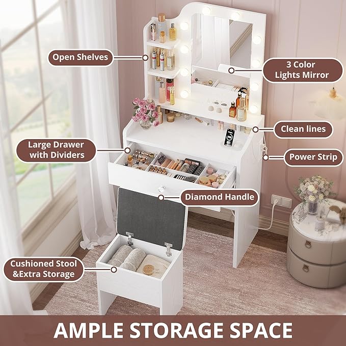 LIKIMIO Small Makeup Vanity Desk with Mirror and Lights, Vanity Table Set with Storage Stool, Makeup Drawer Organizer, Power Outlet, 3 Color Modes Adjustable Bulb, White Vanity for Bedroom