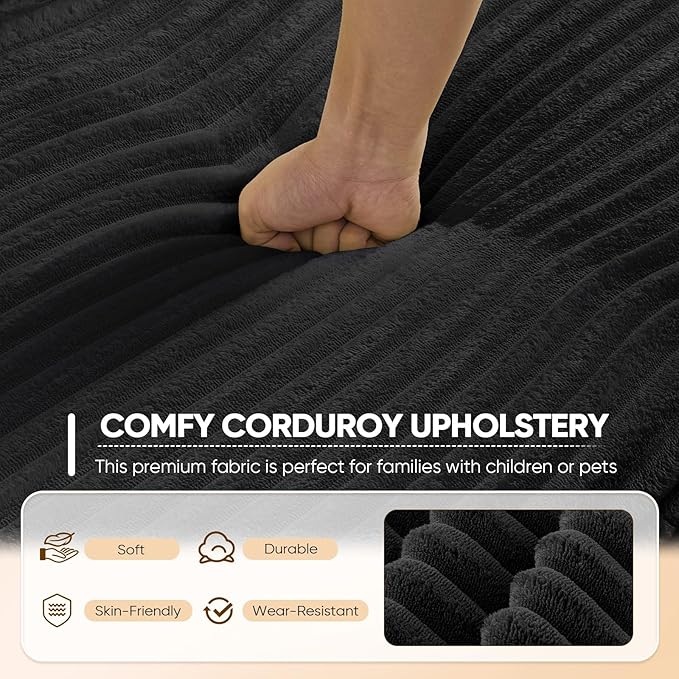 Antetek Convertible Sofa Bed, Comfy Corduroy Fluffy Love seat Sleeper Sofa, 5 in 1 Folding Couch Bed, Fold Out Floor Couch with Pillows for Bedroom, Living Room, Office, Wide Stripes, Black