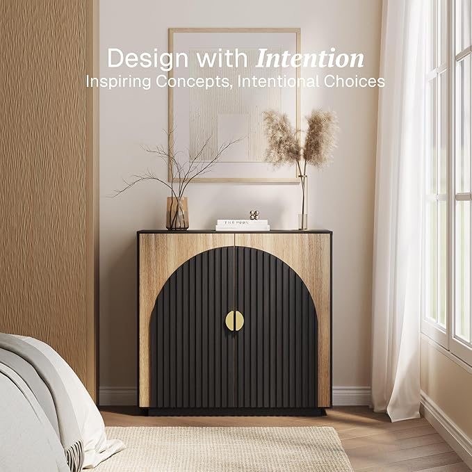 BELLEZE Modular Fluted Sideboard Buffet Cabinet with Storage, Mid-Century Modern Console Table with Symmetrical Arched Doors, Elegant Credenza for Dining Room, Kitchen, and Living Room, Camel