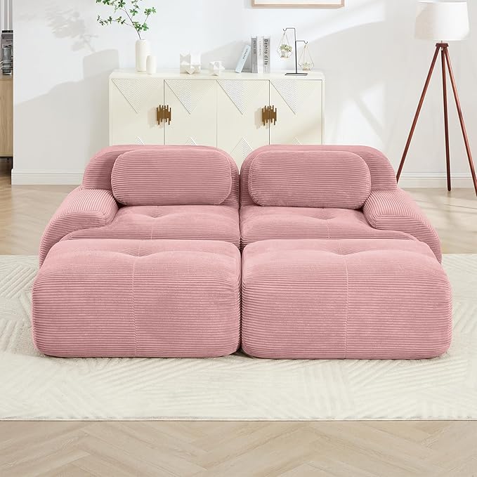 80" Modern Compressed Boneless Love Seat Couches with 2 Ottomans, 2 Seater Large Sectional Couches for Living Room, Pink Corduroy Cloud Modular Sectional Sofa, Memory Foam, Deep Loveseat, No Assembly