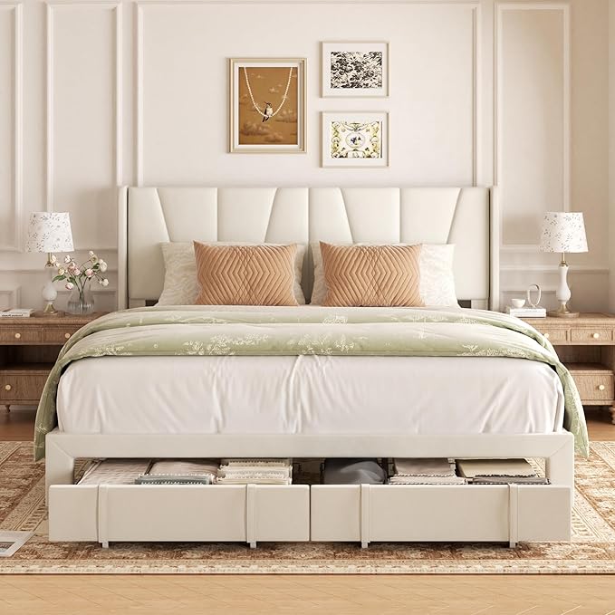 King Bed Frame with Storage Drawers, Upholstered King Size Platform Bed with 47" Tall Headboard and Wingboard, No Box Spring Needed, NO Noise, Easy Assembly, Wooden Support Slats, Beige