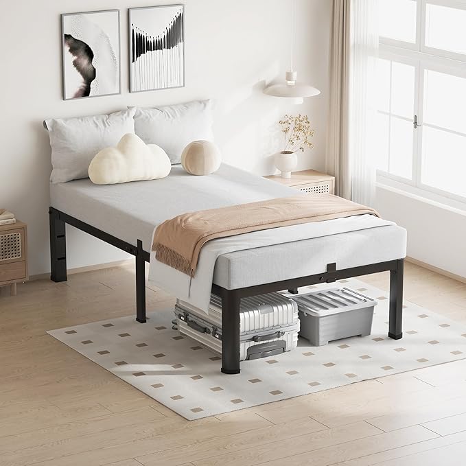12 Inch Twin Size Bed Frame, 3500Lbs Heavy Duty Metal Platform with Round Corner Legs Mattress Slide Stopper, Steel Slat Support No Box Spring Needed, Noise Free, Non-Slip, Easy Assembly