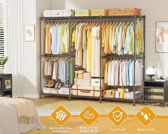 E14 Heavy Duty Clothes Rack，Freestanding Clothing Racks for Hanging Clothes，Adjustable Closet Organizers and Storage，Metal Garment Rack with Shelves 69" W x16 D x77 H，Max Load 960LBS，Grey