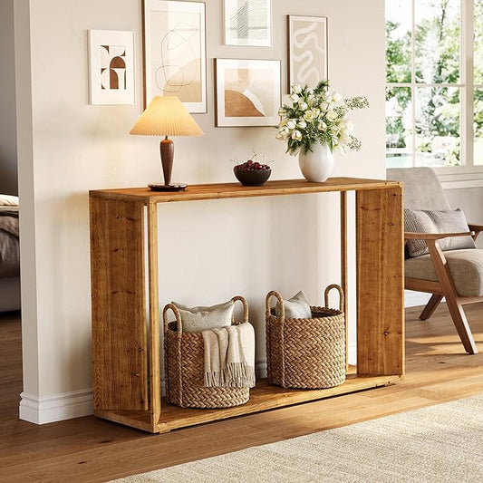 2-Tier Solid Wood Console Table for Living Room, 55" Farmhouse Entryway Table Indoor for Foyer, Hallway (Brown)