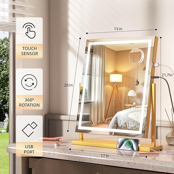 Hasipu Vanity Mirror with Lights, 17" x 22" LED Makeup Mirror, Light up Mirror with Smart Touch 3 Color Modes and Brightness Adjustment, 10X Magnifying Glass,360° Rotation (Gold)