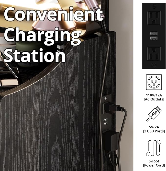 LIKIMIO Small Makeup Vanity Desk with Mirror and Lights, Vanity Table Set with Storage Drawer, Chair and Three Shelves, Bedroom, Black