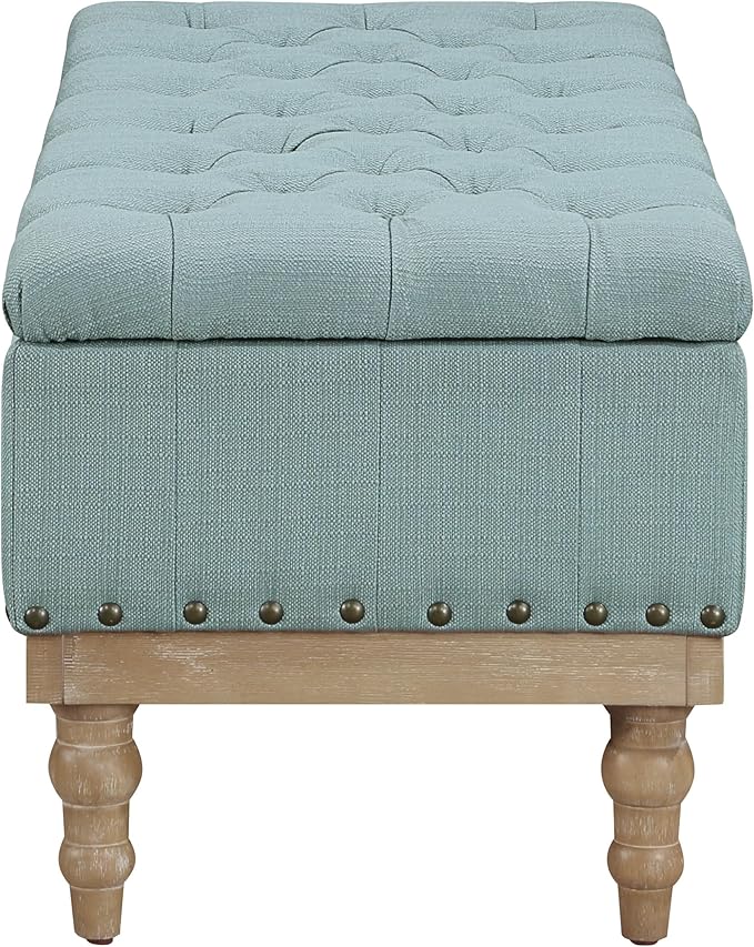 OSP Home Furnishings Landis Button Tufted Padded Top Storage Bench with Brushed Legs, Sea Blue Fabric