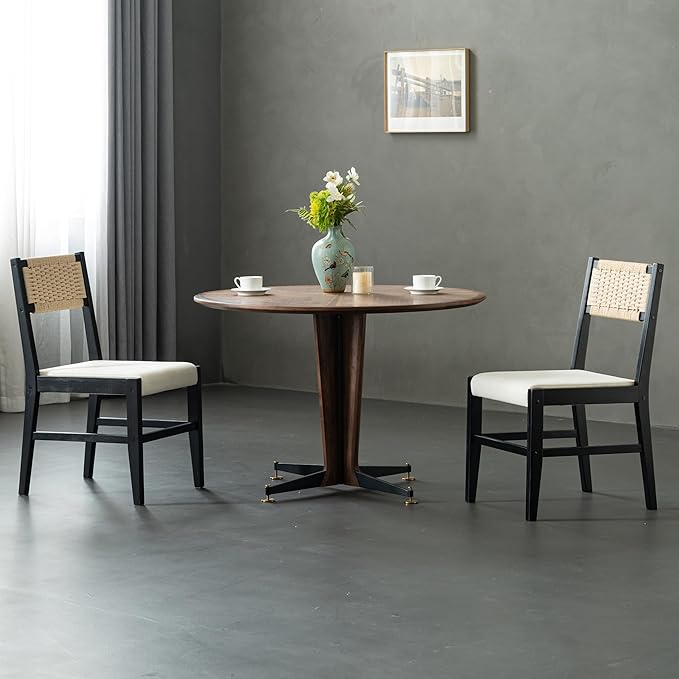 Chogori Wooden Dining Chairs, Modern Farmhouse Kitchen & Dining Room Accent Side Chairs with Woven Rope Back and Fabric Upholstered for Home, Living Room (Black, Set of 4)