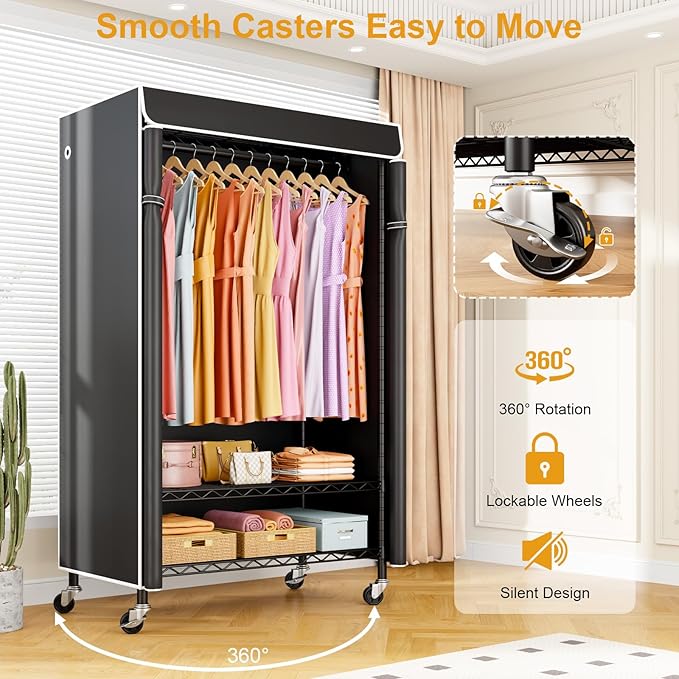 P6C Rolling Clothes Rack with Cover, Covered Clothing Racks Heavy Duty, Portable Closet for Hanging Clothes, Garment Racks on Wheels, Black Closet Rack with Black Cover, Max Load 365LBS