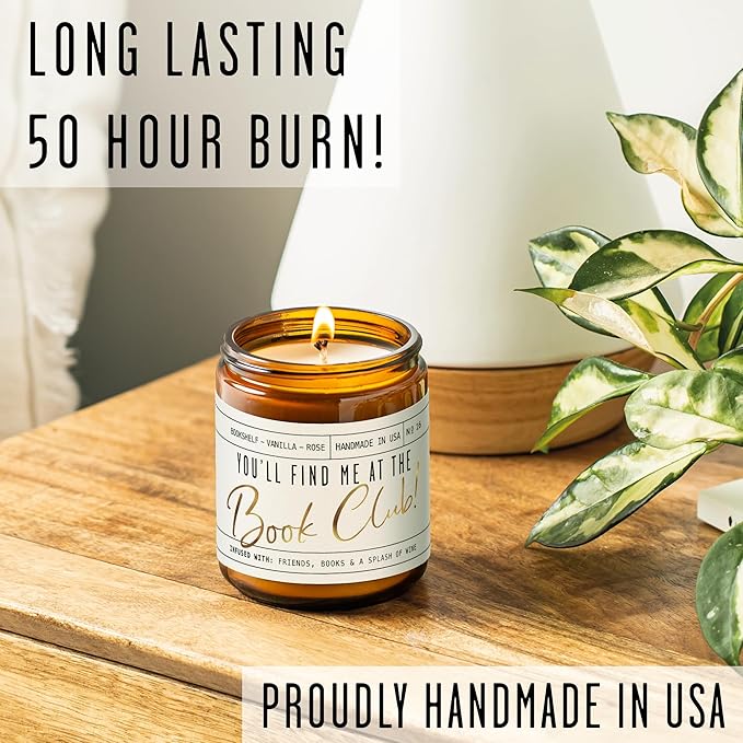 Book Lovers Gifts for Women - 'You'll Find Me at The Book Club' Candle, Old Library, Vanilla, Rose I Bookish Gifts for Women Readers I Reading Accessories for Reading Lovers I 50Hr Burn, USA Made