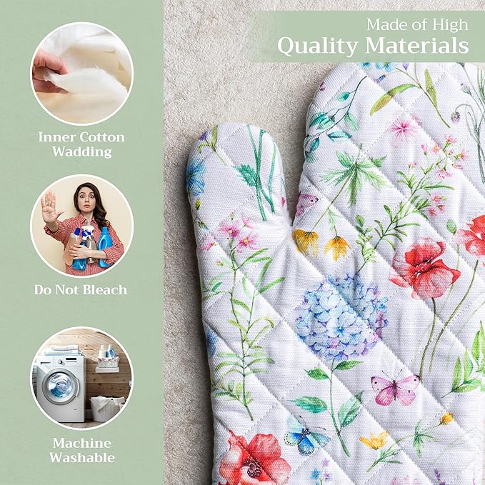 Maison d' Hermine Oven Gloves 100% Cotton Oven Mitt 7" x 13" with Loop Heat Resistant, BBQ, Cooking Gloves, Baking, Grilling, Kitchen, Handling Hot Pans Spring/Summer (Pack of 1, Just Floral)