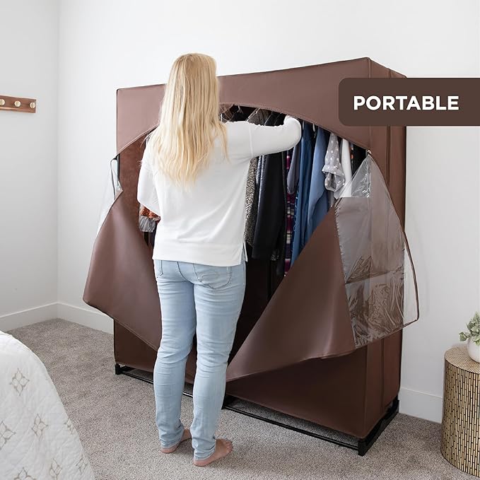 HOLDN’ STORAGE Portable Wardrobe Closet - 65 lb Large Capacity, Internal Heavy Duty Metal Rod, Zipper & Clear Window, Durable Clothes Organizer, Tool-Free Easy Assembly, Brown Canvas Cover