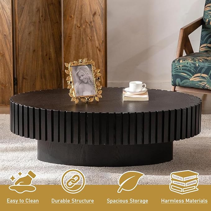 Oval Drum Coffee Table 43.3" Wooden Coffee Tables Handcrafted Fluted Drum Coffee Table Mid Century Modern Luxury Center Table Vintage Farmhouse Center Table for Living Room (Oval Black)