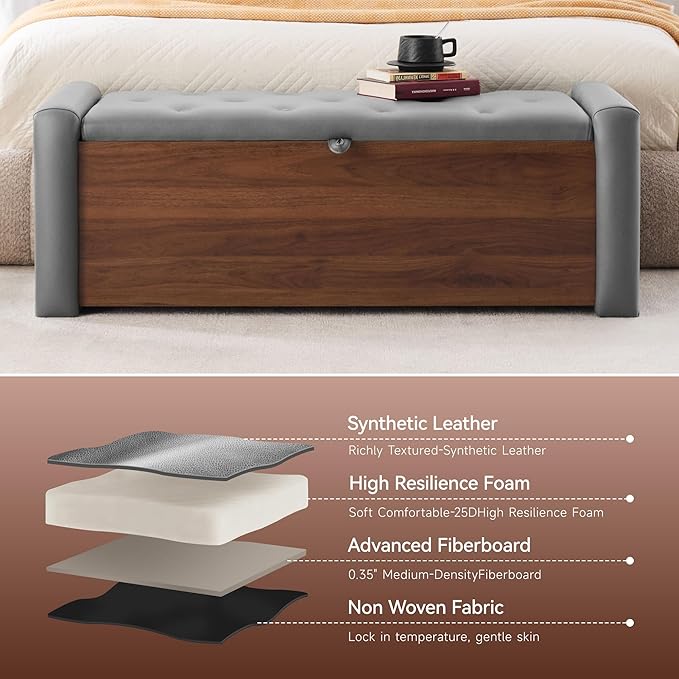 48" Large Storage Ottoman Bench, Faux Leather Upholstered Bed Bench with Button Tufted, End of Bed Ottoman with Safety Hinge for Bedroom, Living Room, Window，or Entryway, Drak Grey Shoe Storage Chest