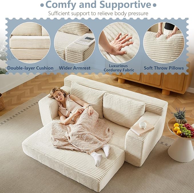 70.87" Loveseat Sofa Bed - Corduroy Upholstered, Comfy Deep Seat & Modern Design - Small Space Friendly, No Assembly Needed - Ideal for Living Room, Bedroom, Apartment, Home Office, Beige