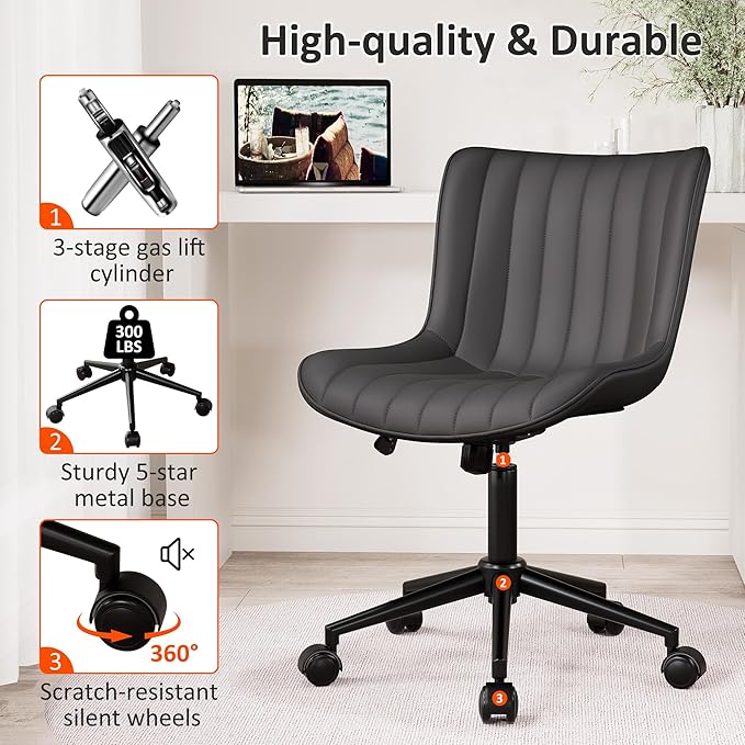 Kidol & Shellder Black Leather Home Office Desk Chair with Wheels Modern Cute Armless Executive Swivel Vanity Chair with Comfy Padded Back Ergonomic Rolling Adjustable Computer Task Chair Small