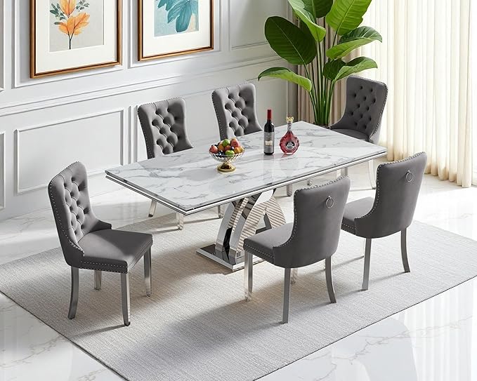 Goujxcy 68" Faux Marble Dining Table Set for 6, 7-Piece Dining Set with White Silver Kitchen Table and 6 Velvet Tufted Chairs, Modern Rectangular Dining Room Table with X-Shape Stainless Steel Base