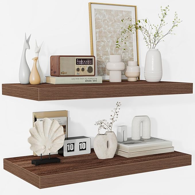 Fun Memories Floating Shelves - 2 Pack 12 Inch Deep Rustic Wooden Wall Shelves - Extra Deeper & Thicker Wall Mounted Storage Shelf for Living Room, Kitchen, Farmhouse - 24" W x 12" D x 1.5" H - Walnut