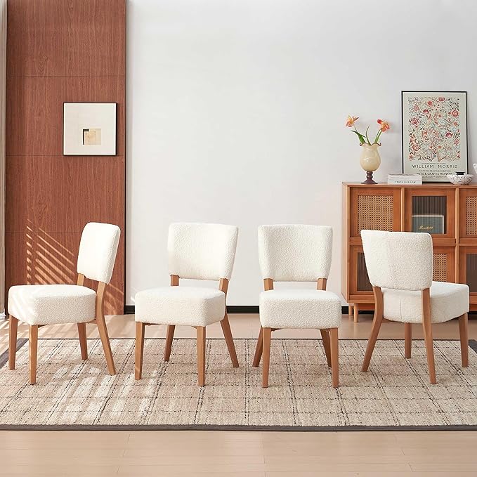 Howtek Modern Dining Chairs Set of 4 with 6.3" Thick Seat Cushions, Space-Saving Stackable Upholstered Kitchen Chairs, Ergonomic Backrest & Wood Grain Metal Legs, White