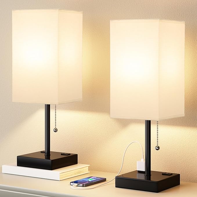 Plus Bedside Table Lamps Set of 2 - White Bedroom Lamps with 3 Colors, Square Nightstand Lamp with USB C + A Charging Ports and 2 AC Outlets, Pull Chain Night Light for End Table