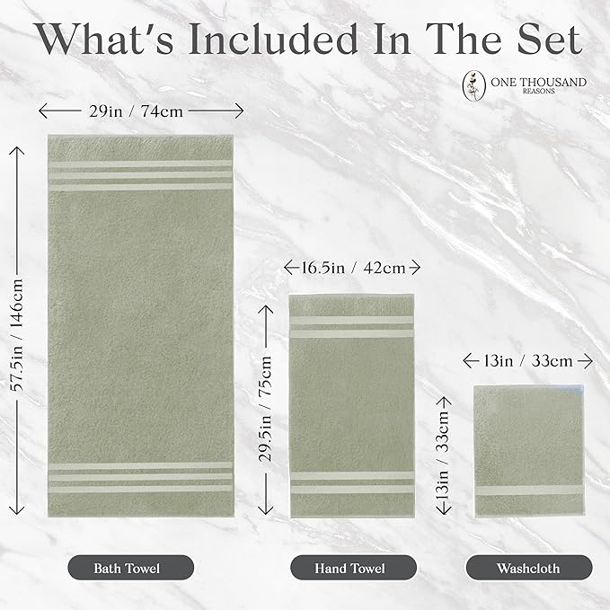 Premium Staple Cotton Bathroom Towel Set - Sage Green 600 GSM 6-Piece Luxury Bath Towel Set 3 Stripe - 2 Bath Towels, 2 Hand Towels & 2 Washclothes Set - High Absorbent & Quick Dry for Gym, Spa, Hotel